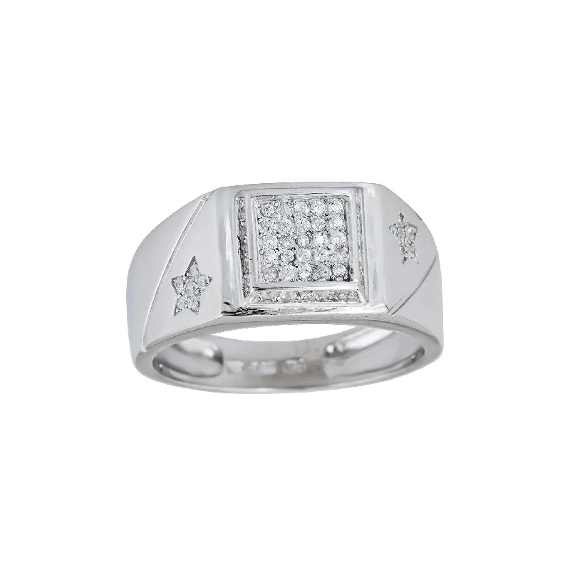 women's rings with round diamond -Stone-Set Square & Star Men's Ring (Silver)