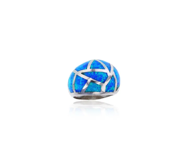 women's rings with long-lasting finish -Created Blue Opal Mosaic Dome Fashion Ring (Silver)