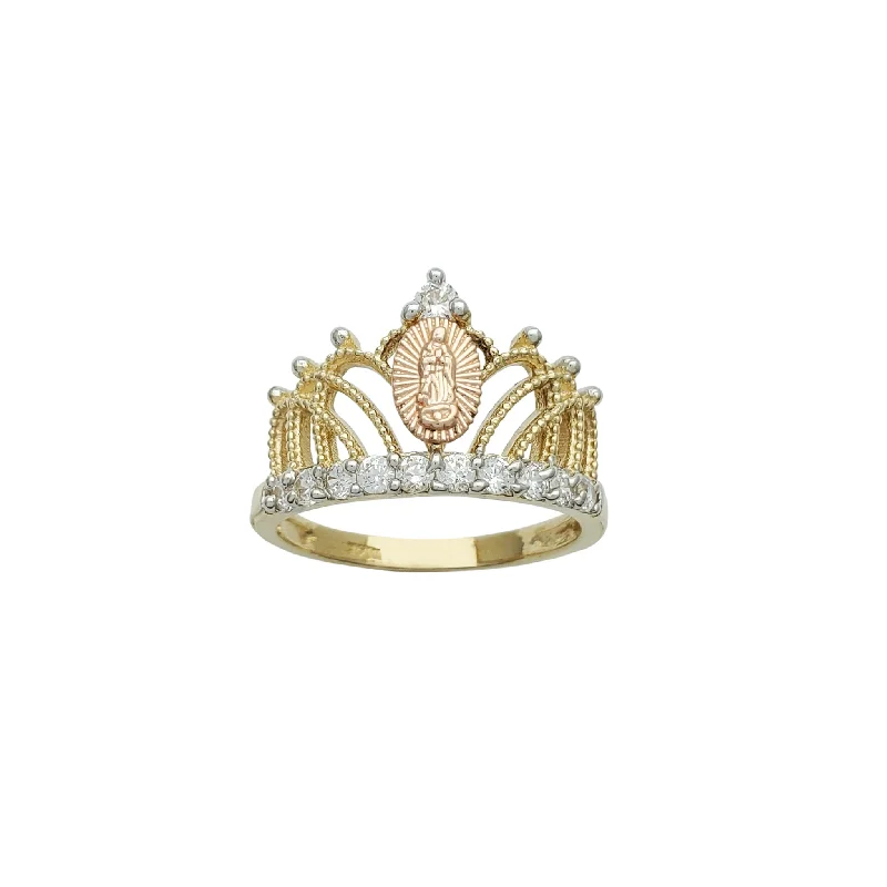 women's rings with birthstone -Tricolor Virgin Mary Crown-Tiara Ring (14K)