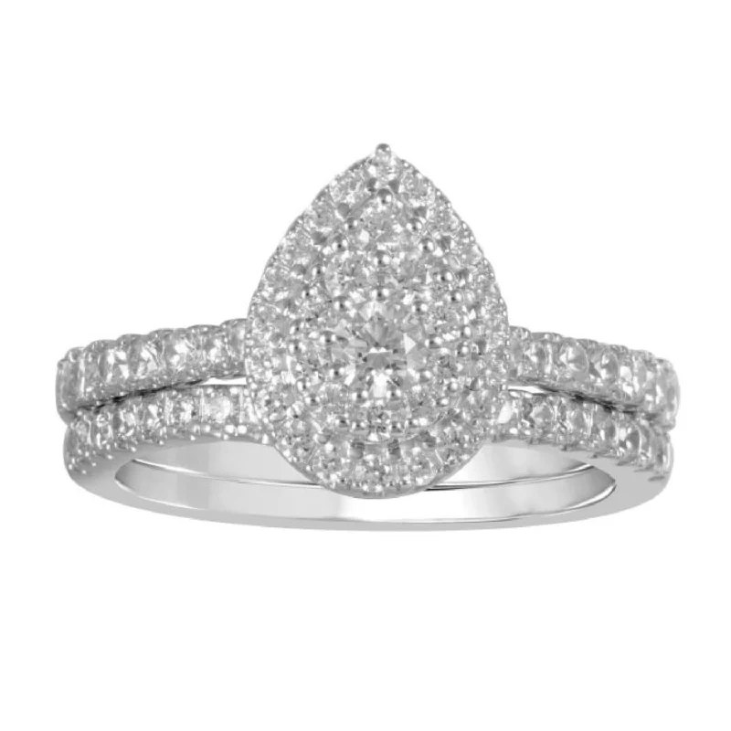 women's engagement rings with floral halo -LoveSong EcoLove 1 CTW Lab Grown Diamond Cluster Bridal Set in 10KT White Gold