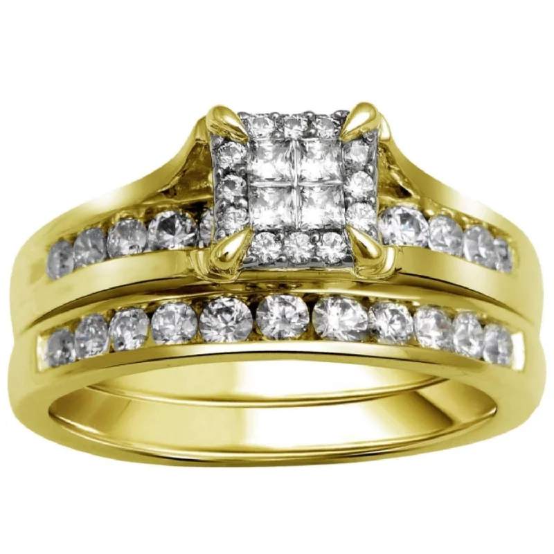 women's engagement rings with multi-stone setting -1 CTW Diamond Halo Bridal Set Ring in 10KT Yellow Gold