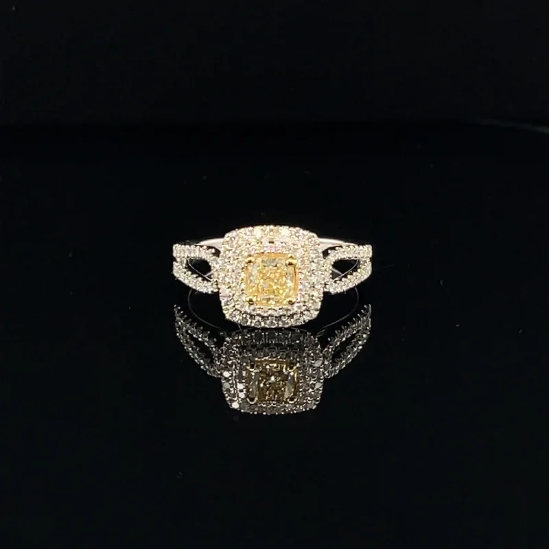 women's engagement rings with engraved details -Fancy Yellow & White Diamond Radiant Double Halo Split Shank Ring in 18k Two Tone Gold - (#121-JR0577GH)