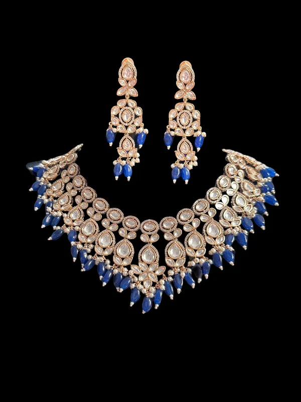 women's necklaces with chain design -BR316 Bridal Polki necklace in blue beads ( READY TO SHIP )