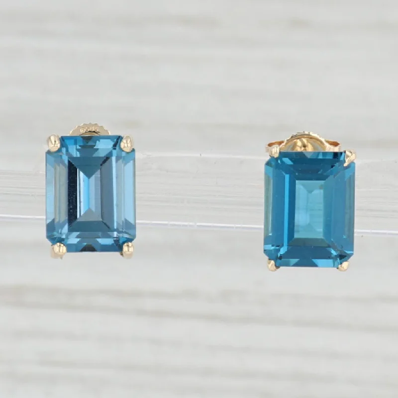 women's earrings with silver-plated finish -6ctw Solitaire London Blue Topaz Stud Earrings 14k Yellow Gold Emerald Cut Studs