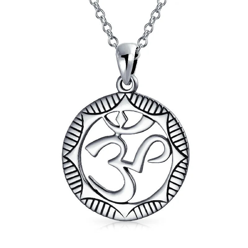 women's necklaces with vintage pendant -Round Sanskrit Aum Om Pendant Necklace in Oxidized Sterling Silver