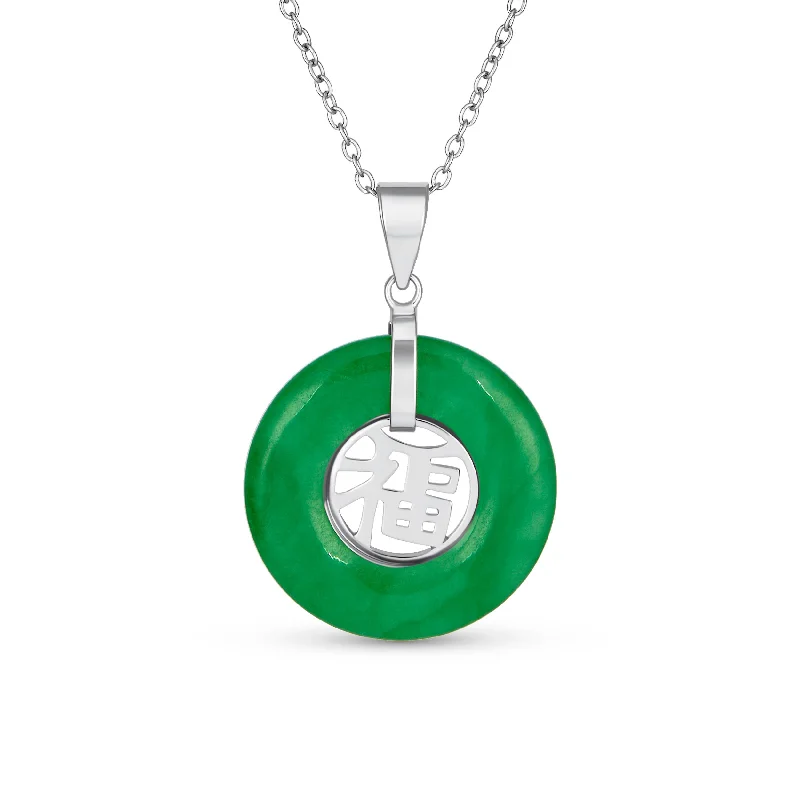 women's necklaces with adjustable chain -Asian Style Green Jade Disc Pendant Necklace 14K Gold Plated Silver Fu Symbol