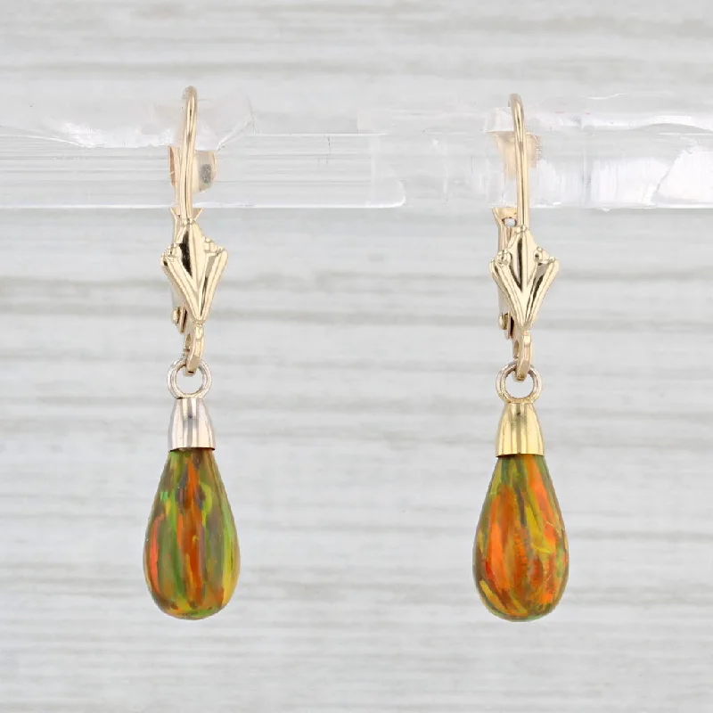 women's earrings gold -Lab Created Multicolor Opal Teardrop Earrings 14k Yellow Gold Lever Backs