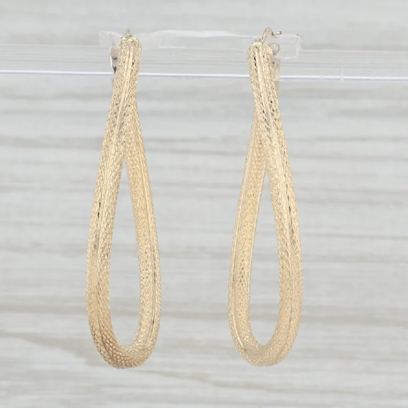 women's earrings with polished finish -Rope Etched Oval Hoop Earrings 14k Yellow Gold Snap Top Hoops