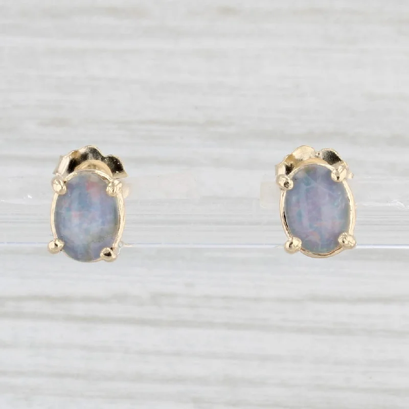 women's earrings with butterfly accents -Opal Solitaire Stud Earrings 14k Yellow Gold Oval Cabochon