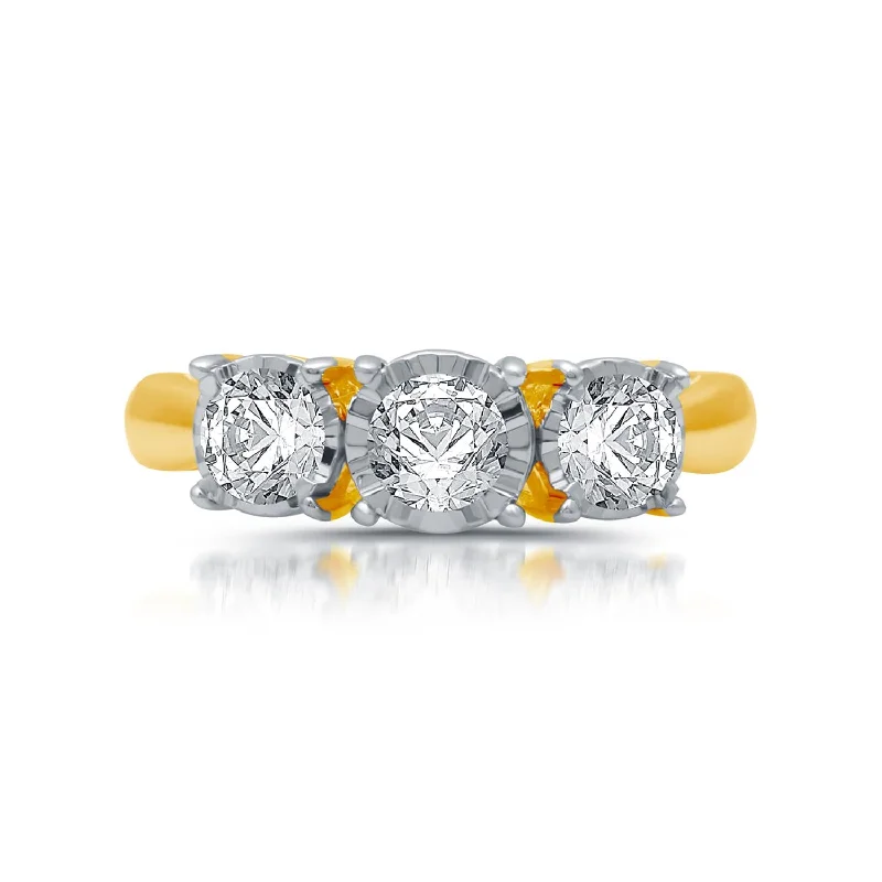 women's engagement rings with oval sapphire -1 CTW Diamond Illusion Set Three Stone Anniversary Ring in 10KT Yellow Gold