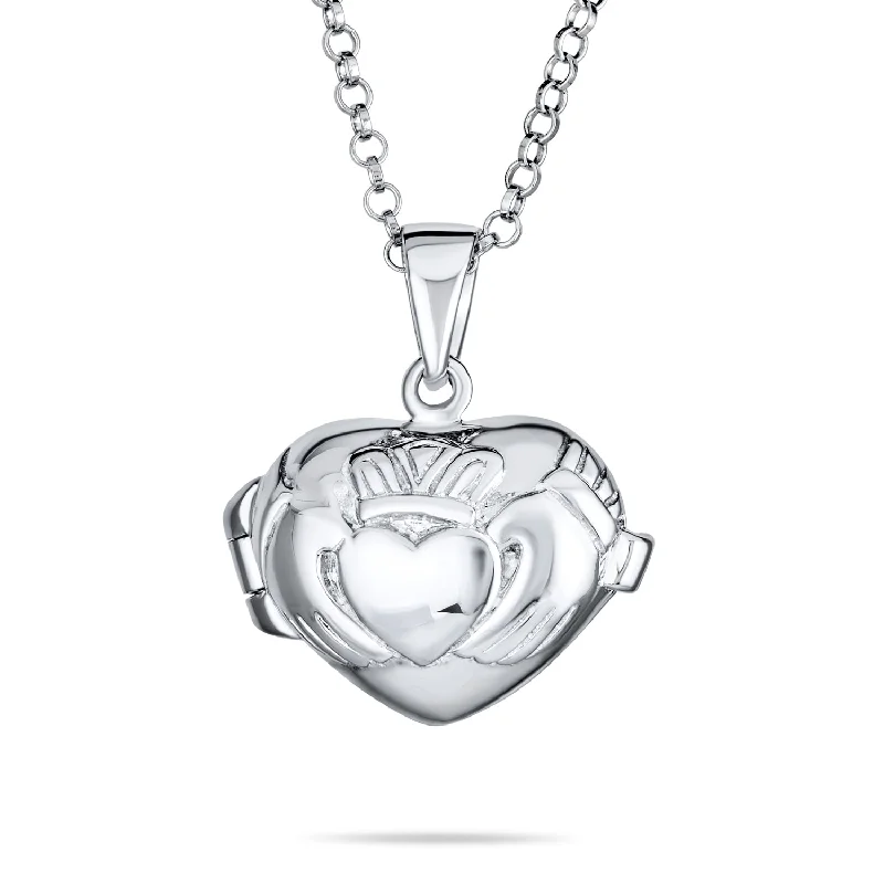 women's necklaces with long-lasting finish -Irish Celtic Claddagh Puff Heart Locket Necklace Hold Photo Silver