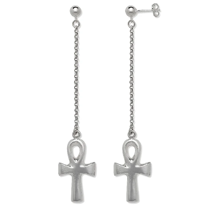 women's earrings with white gold -Better Jewelry Ankh Cross .925 Sterling Silver Chain Earrings