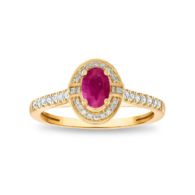 women's engagement rings with luxurious diamonds -LoveSong 6X4MM Oval Ruby and Diamond Halo Ring in 14KT Yellow Gold