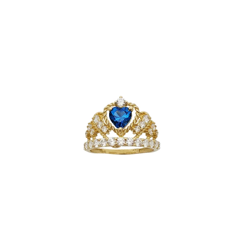 women's rings with sapphire accent -Blue Birthstone Braided Heart Crown Cz Ring (14K)