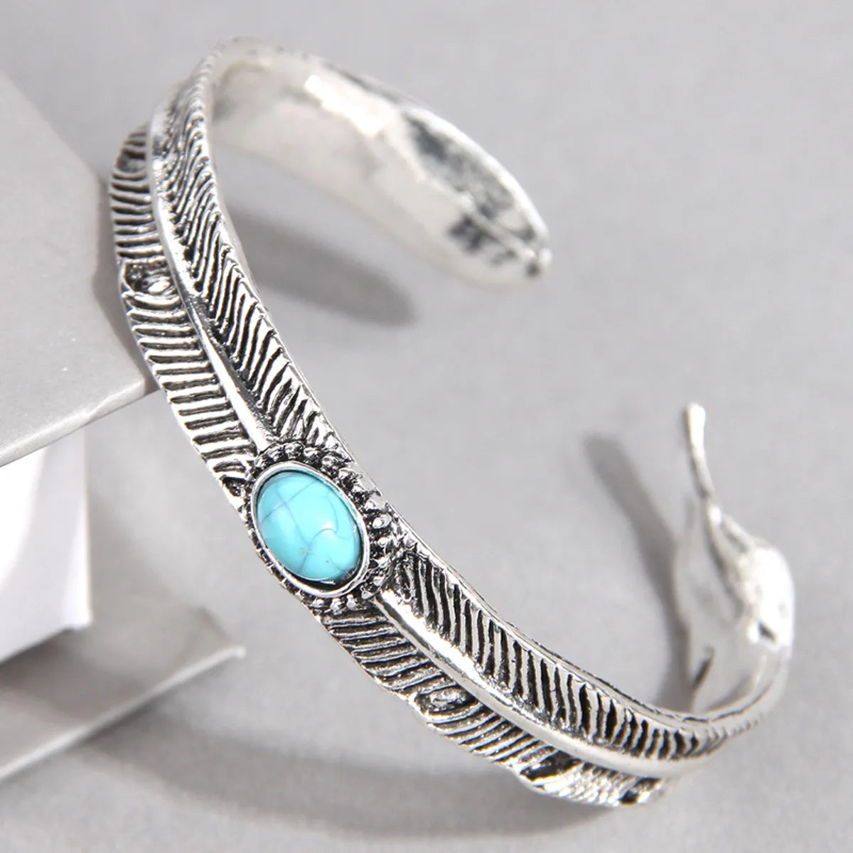 women's bracelets with matching earrings -Retro Ethnic Style Feather Turquoise Alloy Wholesale Cuff Bracelets