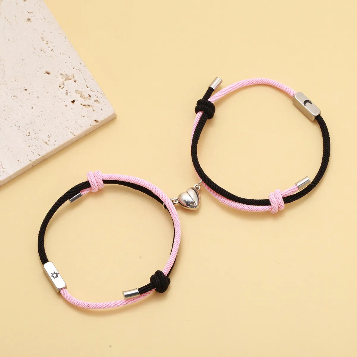 Stainless Steel Sun Moon Two Colors Black Pink Rope Pair