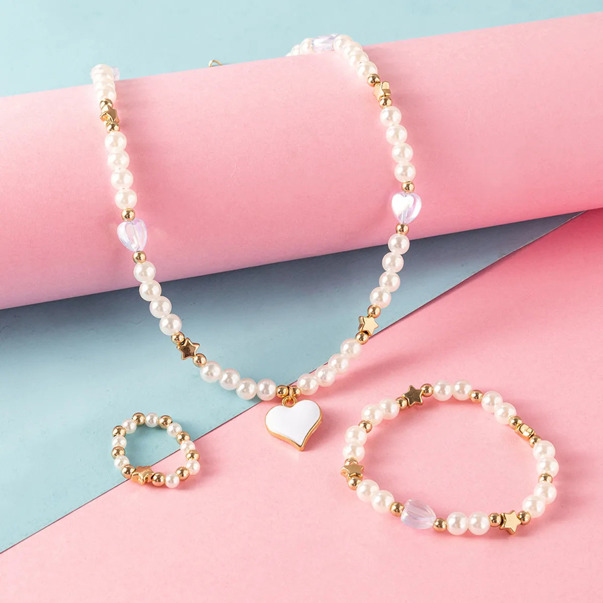 women's bracelets with elegant finish -New Fashion Cute Heart Pendant Pearl Bead Necklace Ring Bracelet Children's Jewelry 3-piece Set