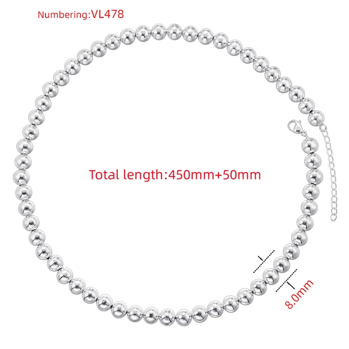 Vl478 White Gold Color 8mm round Beads Necklace