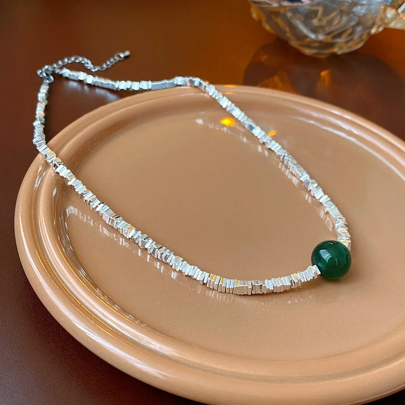 5# Necklace-Green Beads Broken Silver