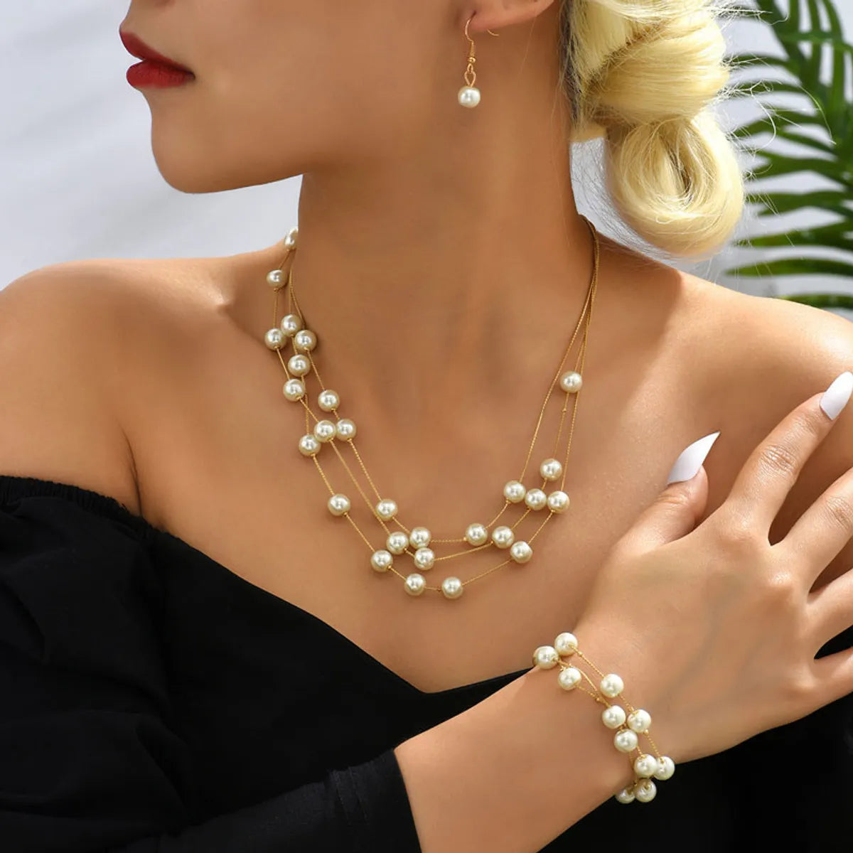 women's bracelets with sleek finish -Elegant Geometric Alloy Plating Artificial Pearls Women's Bracelets Earrings Necklace 1 Set