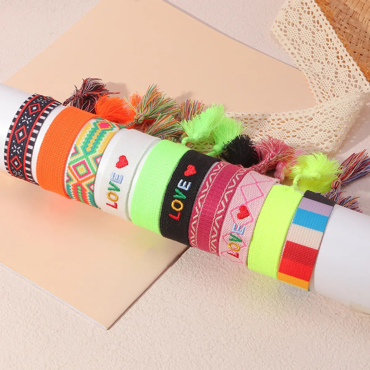 women's bracelets with square design -Ethnic Style Handmade Letter Embroidery Tassel Braided Bracelet Colorful Friendship Hand Rope Wristband