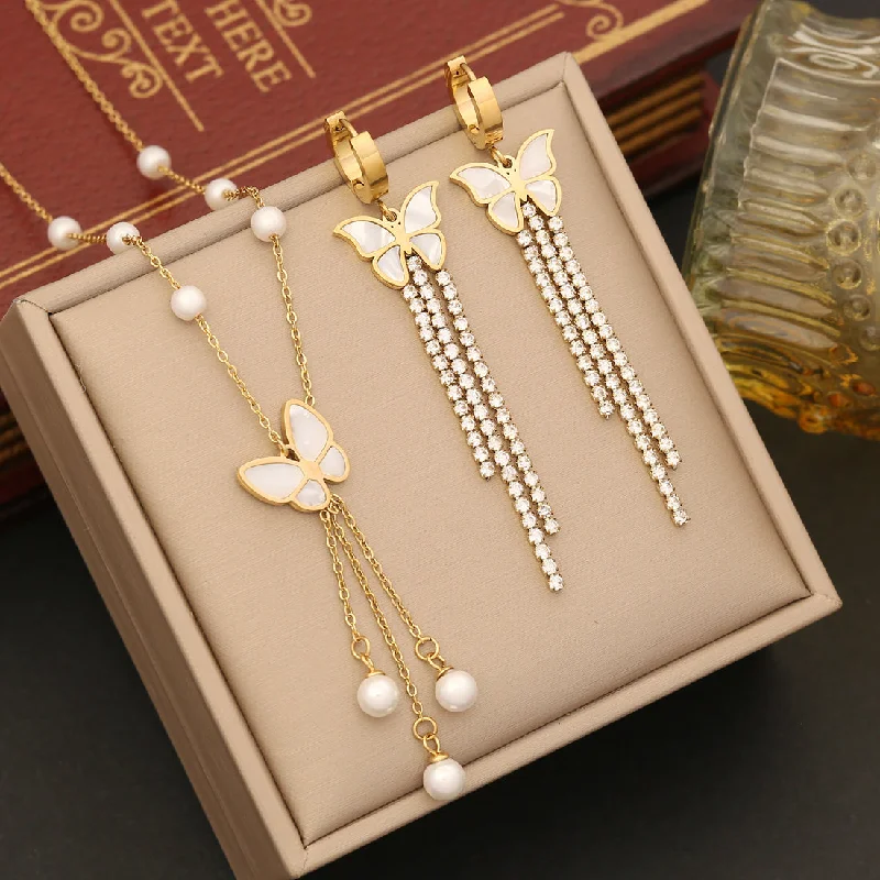 women's bracelets with gold-plated finish -Ig Style Casual Tassel Butterfly Stainless Steel Plating Inlay Pearl Shell Zircon Bracelets Earrings Necklace