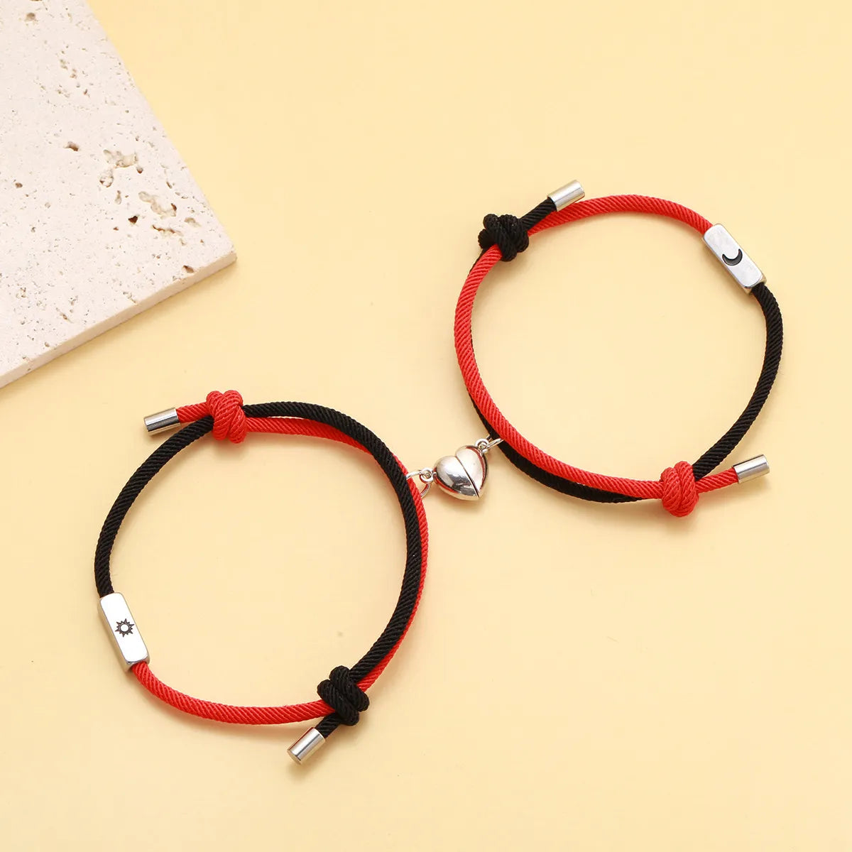 Stainless Steel Sun and Moon Double Color Black Red Rope Pair