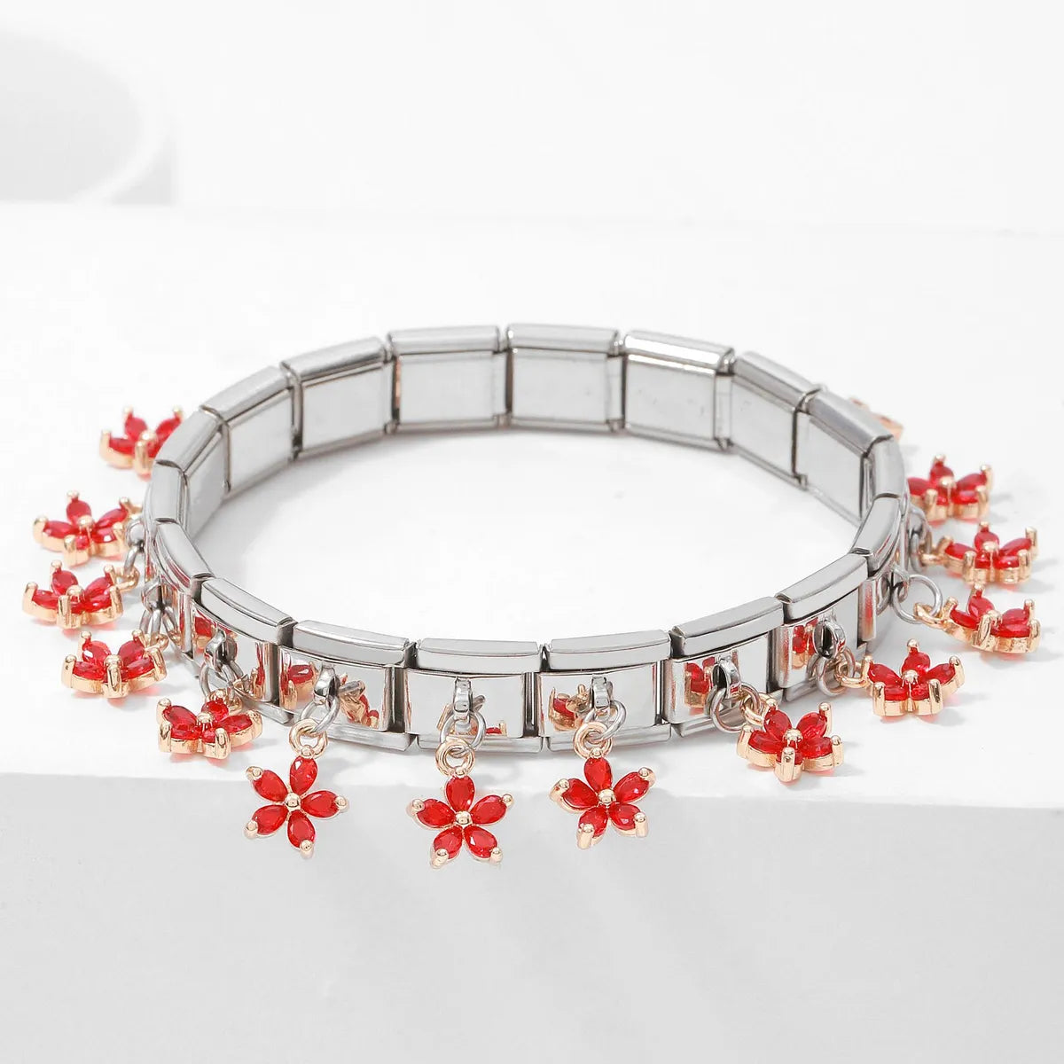 women's bracelets with delicate beading -Fashion Cute Pendant Five Petal Grass Italian Charm Single Section Spring Stainless Steel 9mm Bracelet Jewelry