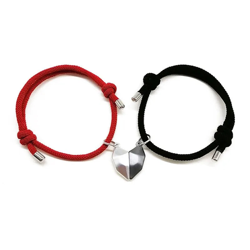 women's bracelets with bold metallic look -Cross-Border New Black And White Love Wishing Stone Couple Bracelet Heartbreak Stitching Magnetic Woven Adjustable Hand Rope For Men And Women