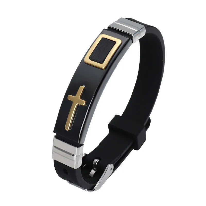 women's bracelets with textured finish -Factory Direct  Titanium Steel Jewelry Adjustable Silicone Bracelet Gold Cross Personality Men'S Bracelet Wholesale