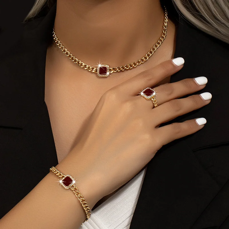 women's bracelets with diamond accents -Luxurious Shiny Square Ferroalloy Plating Inlay Rhinestones 14k Gold Plated Women's Rings Bracelets Necklace