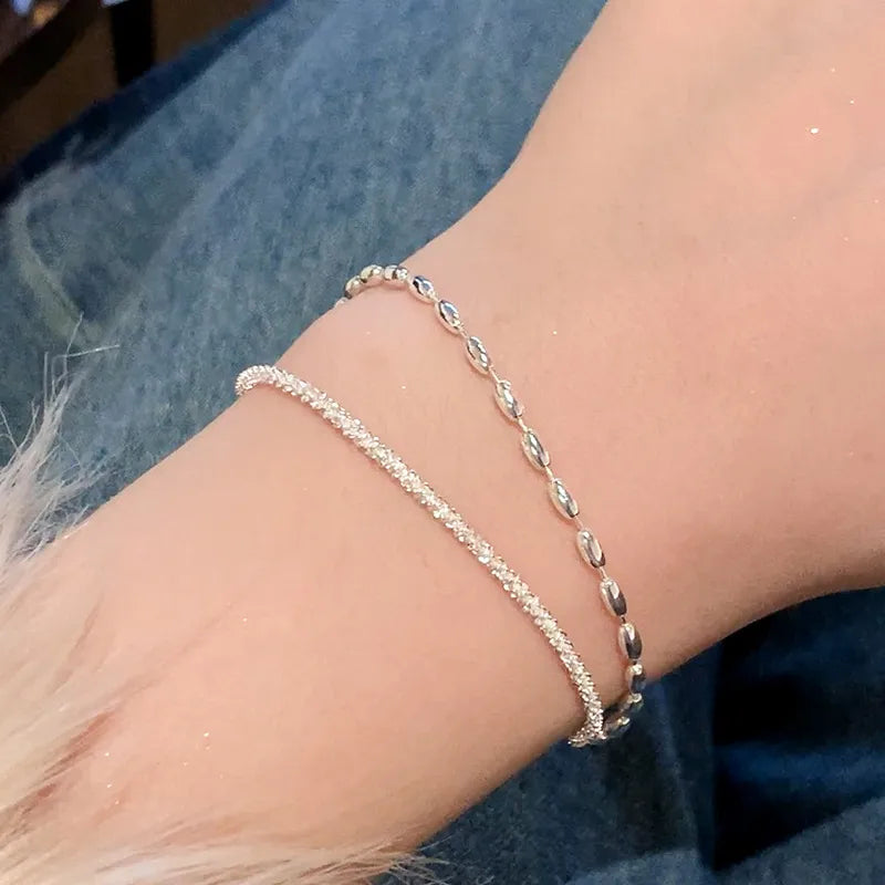 women's bracelets with bold bangle -S925 Silver Bracelet Girls Niche High-End Sense New Gimmel Double-Layer Bracelet Bracelet Bracelet Exquisite Rice Grain Hand Jewelry