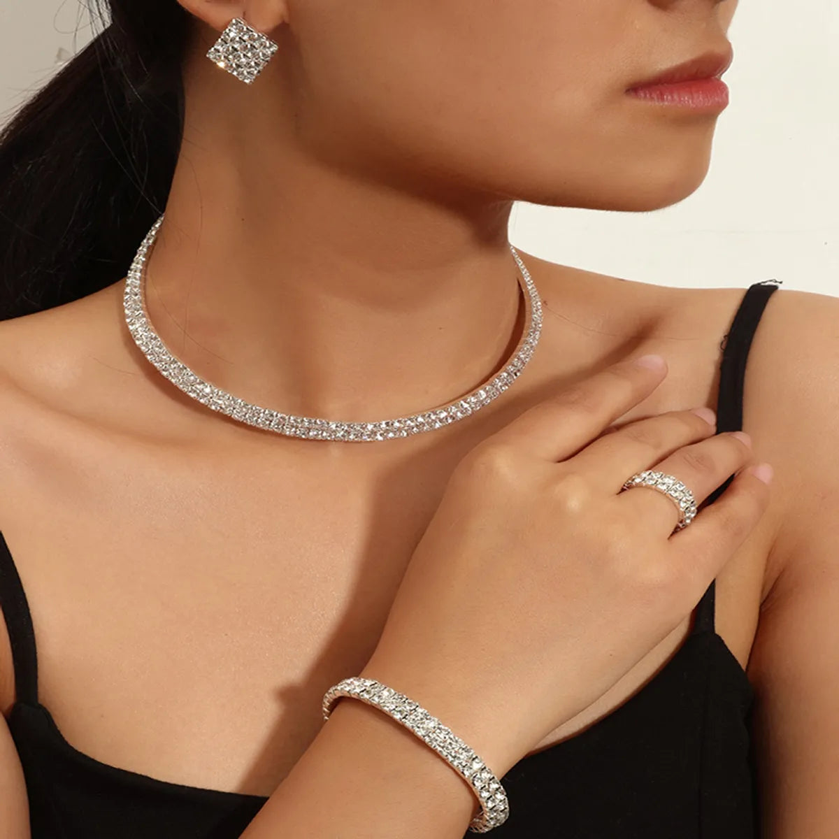 women's bracelets with minimalist bangle -Bridal Jewelry Rhinestone Chain Necklace Bracelet Ring Earrings Set